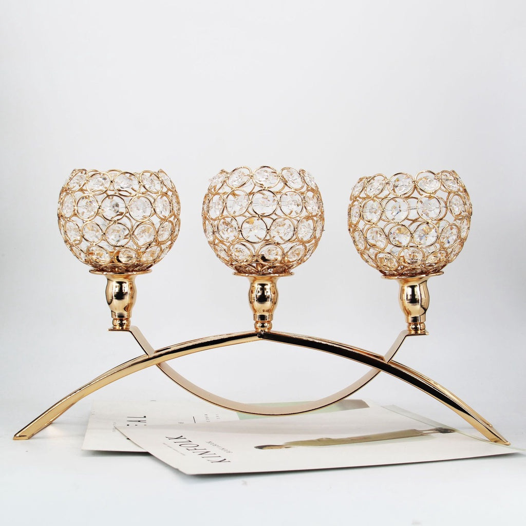 New Crystal Candle Holder 3 Arms Candelabra Wedding Table Ornament Golden Candlelight Stand Holder