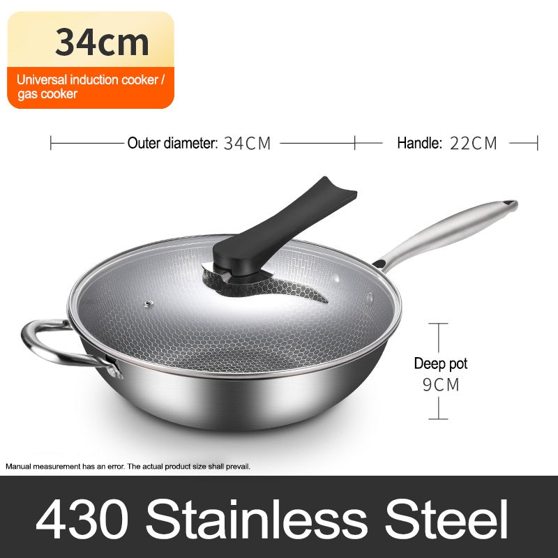 New Non-stick Pan Double-sided Honeycomb 304 Stainless Steel Wok Frying Pan Wok 34cm With Ears And Lid