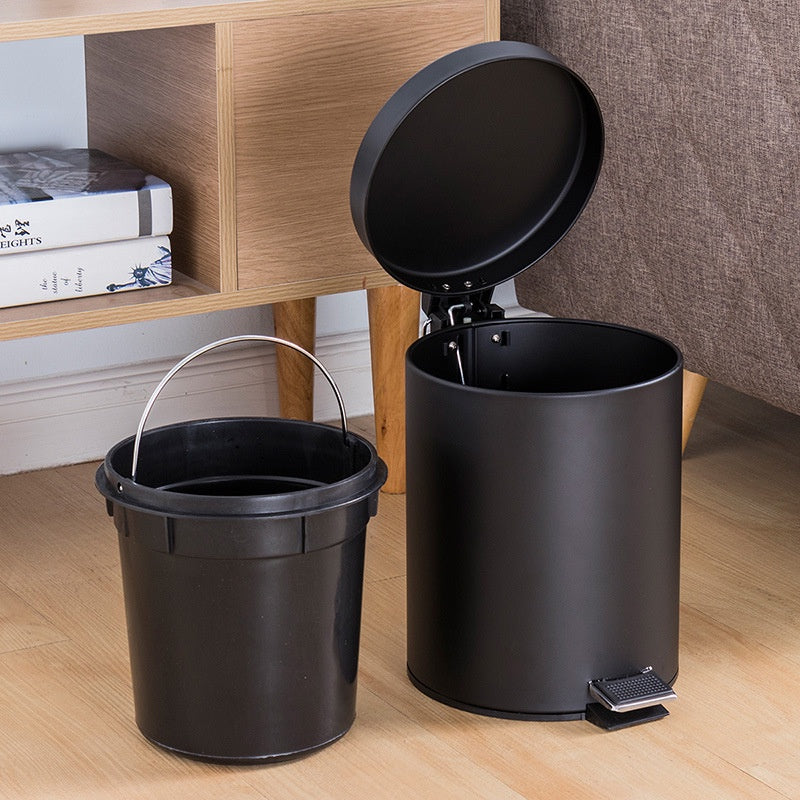 Round Metal Step Pedal Dustbin Trash Can With Lid Circular Silent Pedal Rubbish Bin Storage Cleaning Step