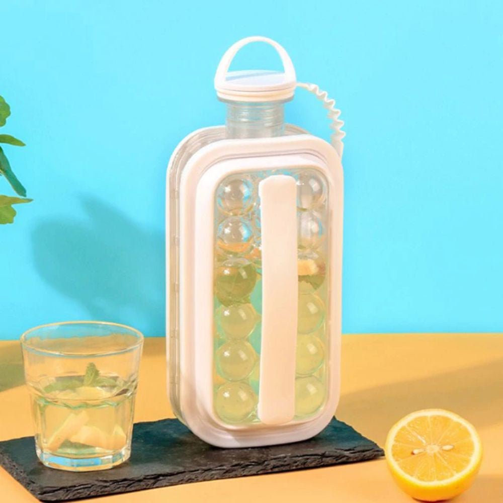 2 in 1 Transparent Ice Ball Maker Summer Water Bottle Ice Molder Bucket Bar Kitchen Tool Portable Icebox Leakproof Lid