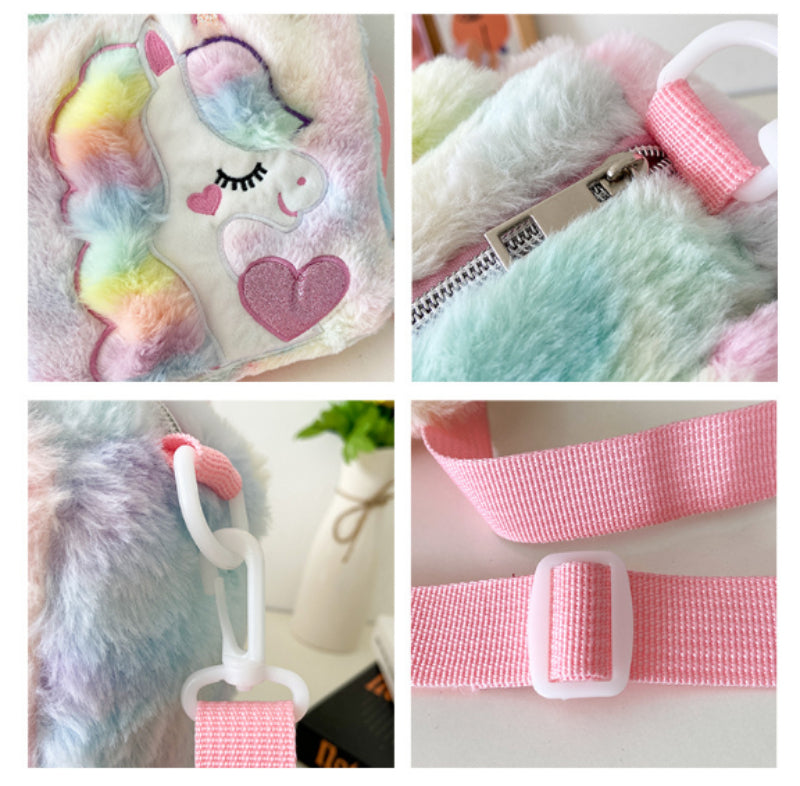 Children's Plush Waist Bag Unicorn Cartoon Shoulder Messenger Multicolor Cute Girls Rainbow Unicorn Embroidered Pattern