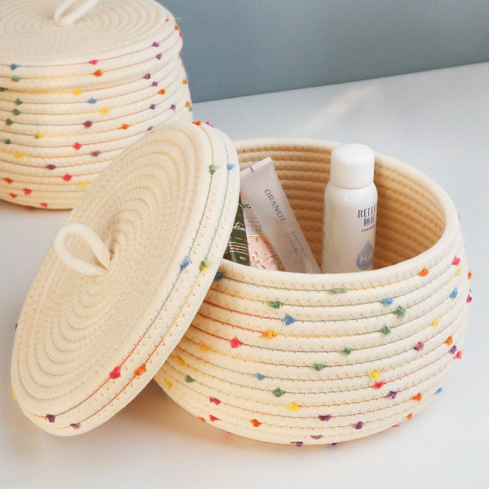 Woven Storage Basket Colorful Polka Dot Desktop With Lid Cotton Thread Organizing Box Snacks Living Room Coffee Table