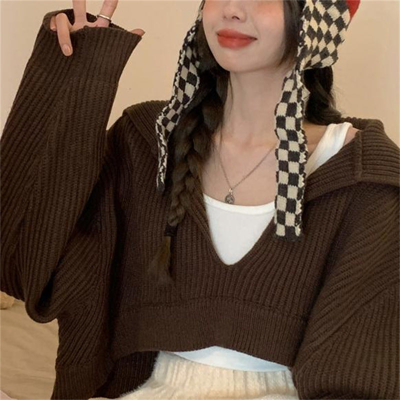 Coffee Color Women's Loose Fit V Neck Long Sleeve Knitted Sweater Cropped Top Pullover for Autumn Winter Clothing Outfit
