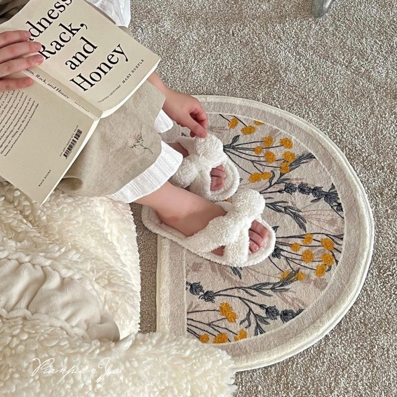 ins Style Room Bathroom Carpet Flower Semicircle Waterproof Anti-Slip Absorbent Plush Floor Mat Yellow Flower Plant Rug