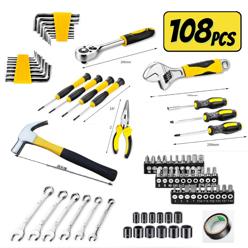 108pcs All That You Need Tool Kit Set Tools - Screwdriver, Socket, Hammer, Wrench, Ratchet Manual Hardware Tool Box