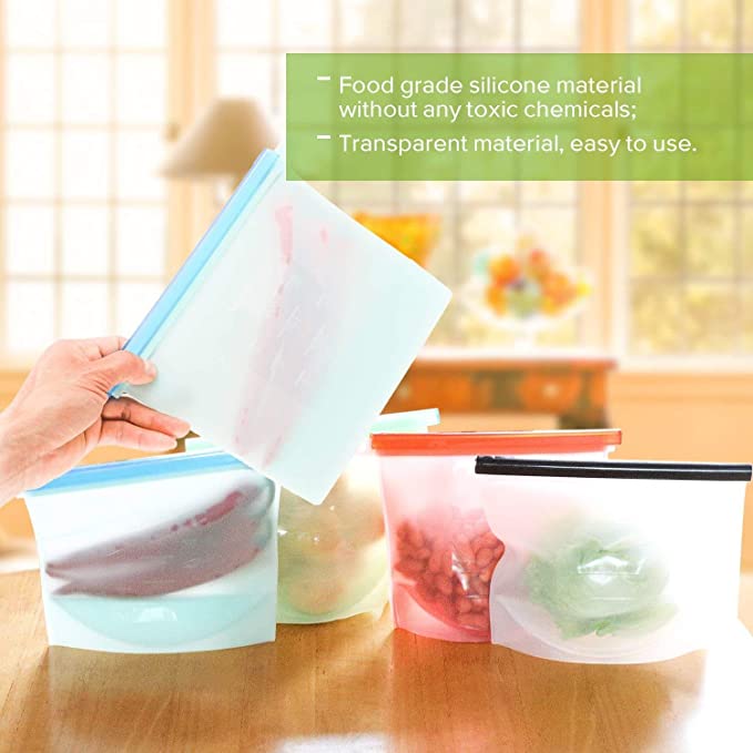 4 Pcs Vacuum Silicone Storage Bag Sealed Food Fruits Container Resealable 1 Liter Capacity