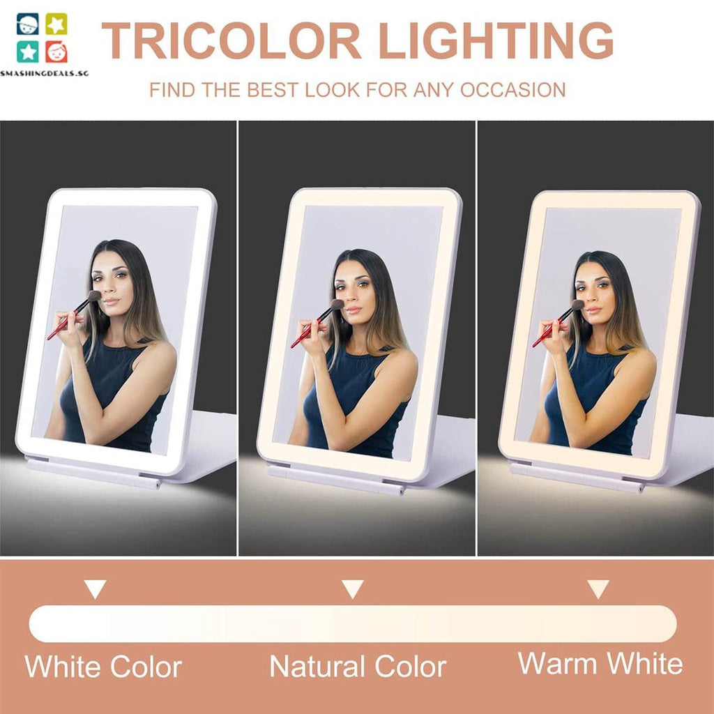 Folding Travel Mirror Lighted Makeup Mirror with 80 LEDs 3 Colors Light Modes USB Rechargeable Mirror Rechargeable Batts