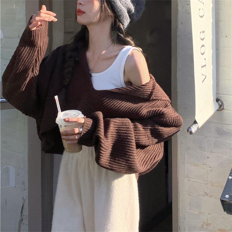 Coffee Color Women's Loose Fit V Neck Long Sleeve Knitted Sweater Cropped Top Pullover for Autumn Winter Clothing Outfit