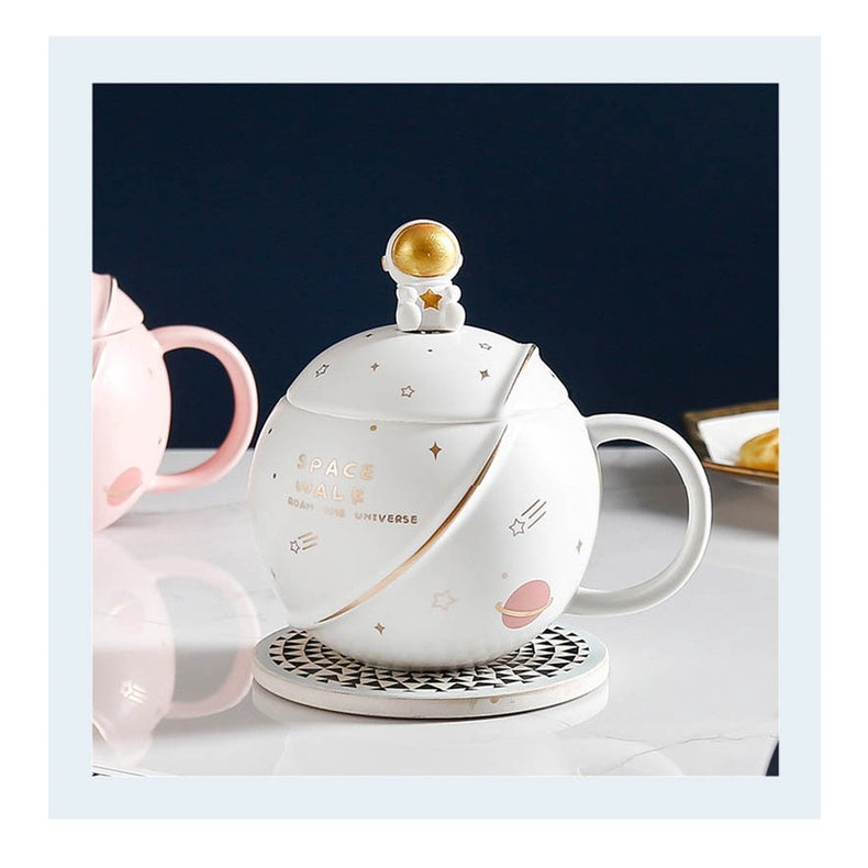 400ml Planet Big Ceramic Cup mug with Lid Cover Spoon Star Astronaut Gift Office Home Cute Coffee Milk Aesthetic Set