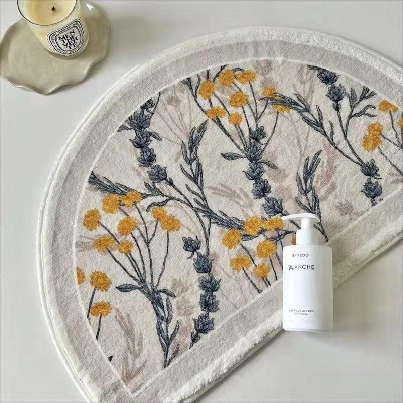 ins Style Room Bathroom Carpet Flower Semicircle Waterproof Anti-Slip Absorbent Plush Floor Mat Yellow Flower Plant Rug