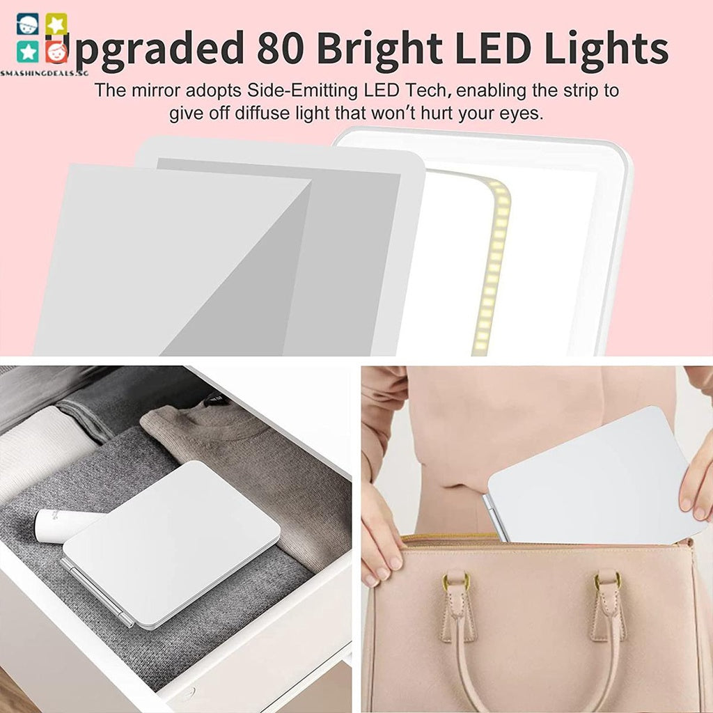 Folding Travel Mirror Lighted Makeup Mirror with 80 LEDs 3 Colors Light Modes USB Rechargeable Mirror Rechargeable Batts