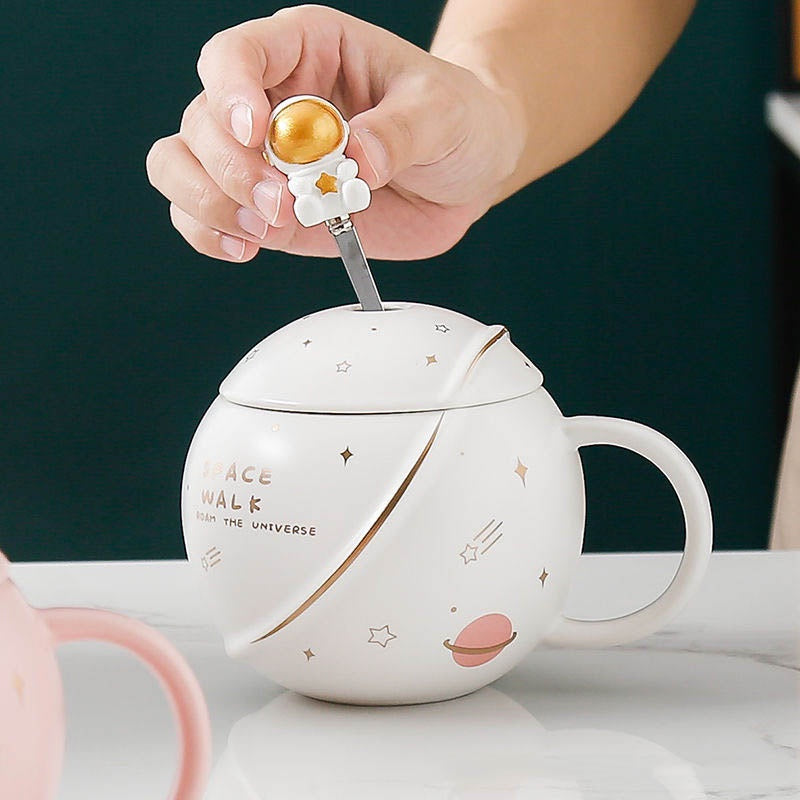 400ml Planet Big Ceramic Cup mug with Lid Cover Spoon Star Astronaut Gift Office Home Cute Coffee Milk Aesthetic Set
