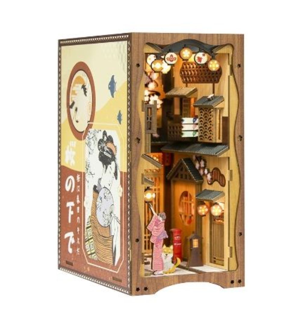 DIY Dollhouse Model, Japanese Sakura Book Nook With LED Lights, 3D Bookshelf Insert, The Best Birthday Gifts Colorful