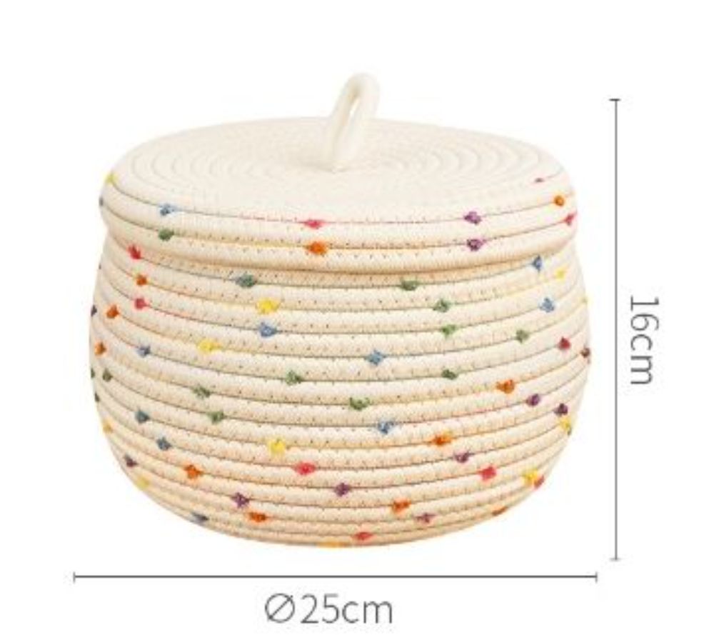 Woven Storage Basket Colorful Polka Dot Desktop With Lid Cotton Thread Organizing Box Snacks Living Room Coffee Table