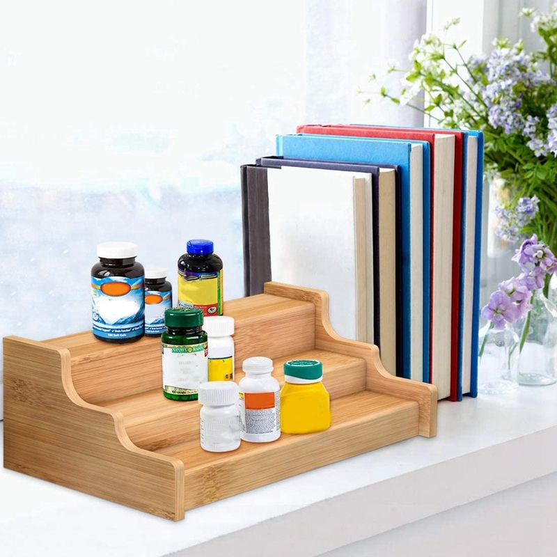 Spice Rack Kitchen Cabinet Organizer- 3 Tier Bamboo Expandable Display Shelf, Bamboo 3-Layer Adjustable Spice Rack