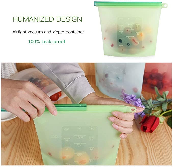 4 Pcs Vacuum Silicone Storage Bag Sealed Food Fruits Container Resealable 1 Liter Capacity