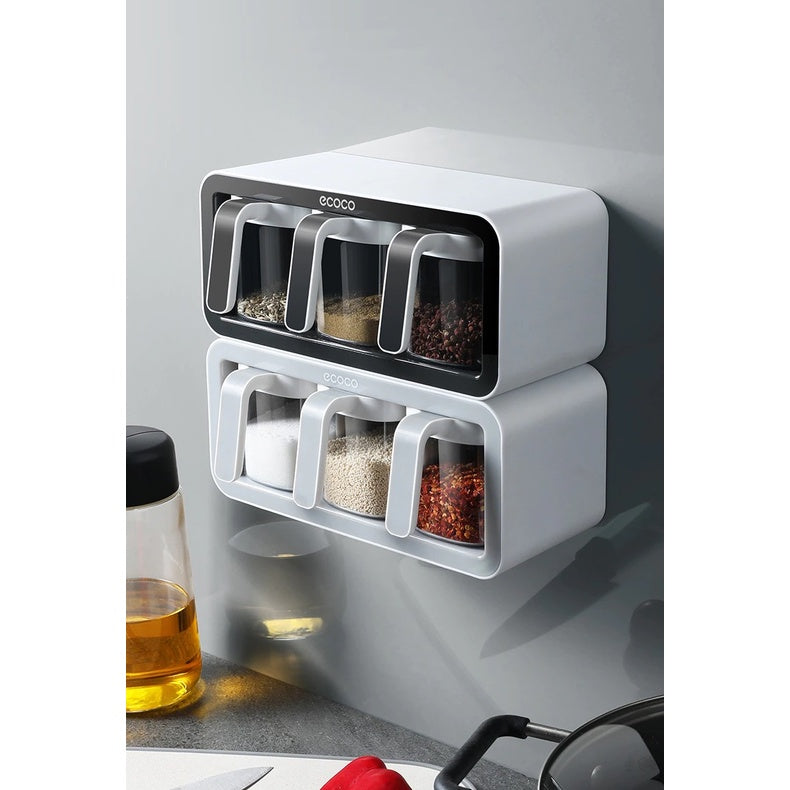 Wall Mount Spice Rack Organizer Sugar Bowl Salt Shaker Seasoning Container Spice Boxes With Spoons Kitchen 3 Cups