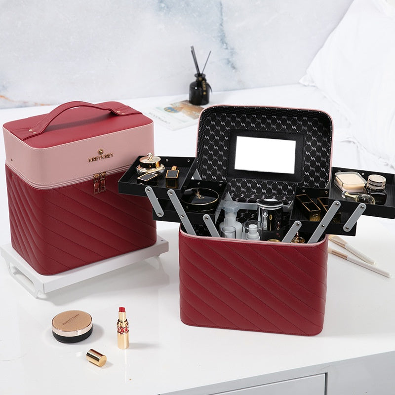 Cosmetic Storage Box Large Capacity Portable Expandable Multi-layer Makeup Box Dust-proof Korean Style Leather Bag