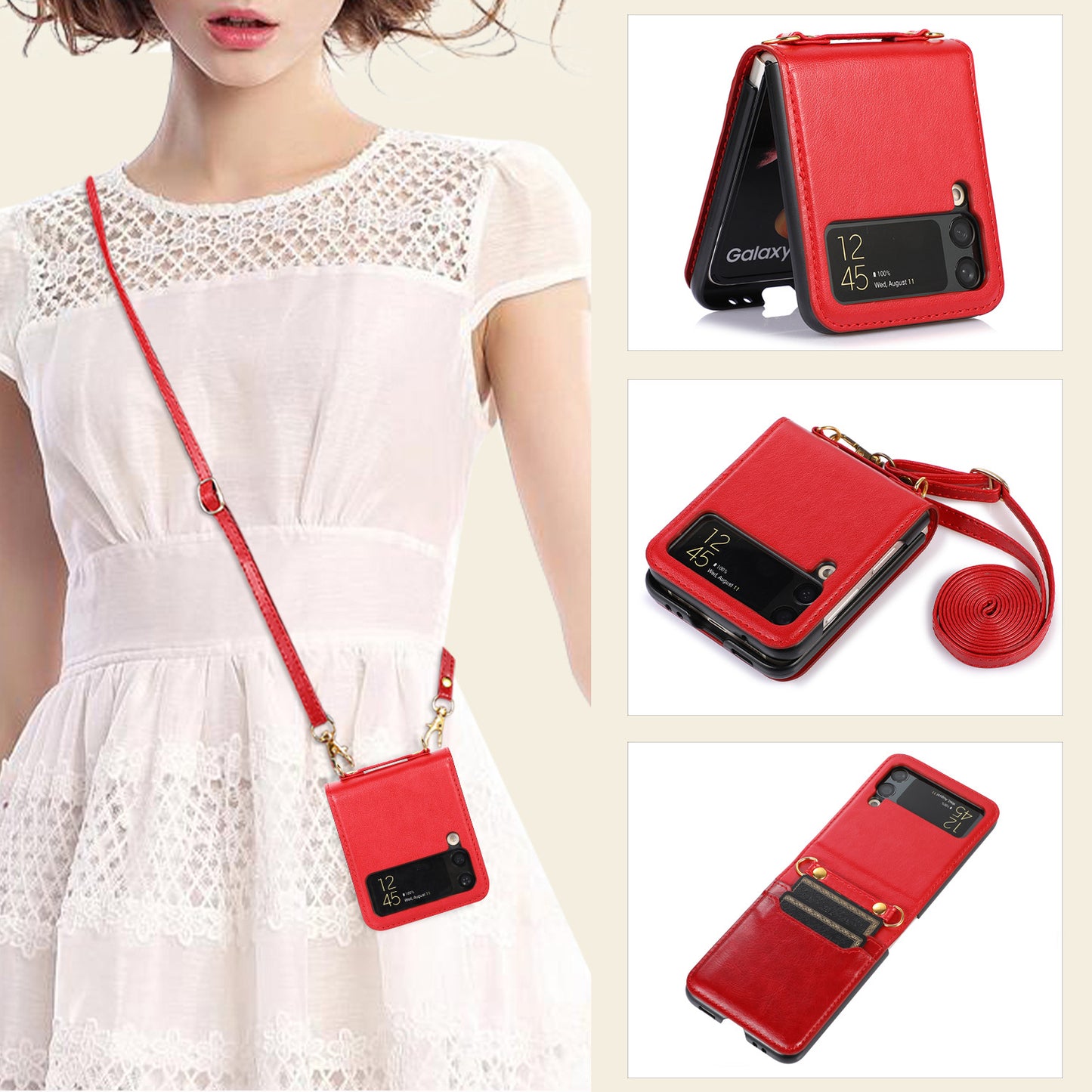 Galaxy Z Flip 4 Flip 3 Case Wallet Card Holder Galaxy Flip3 Casing Leather Shoulder Strap Lanyard