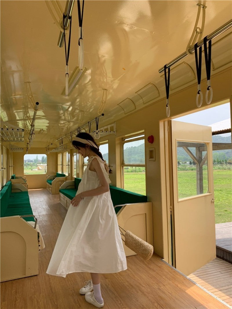 Korean Women High Waist Square Collar Temperament Loose Sleeveless Suspender Fashion Pullover Sweet Solid Color Dress