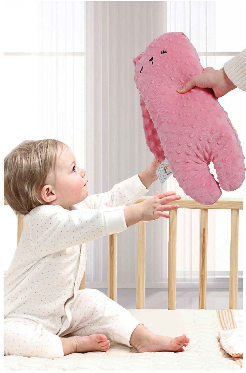 Sunveno Baby Soothing Pillow Baby Rabbit Peas Pillow Cushion Sleep Aid Pillow Newborn Crib Bumper Gentle Soft Guard