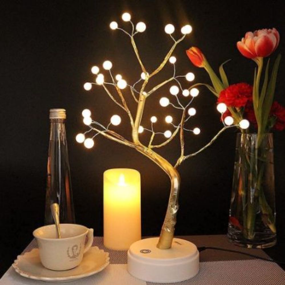 Home Decoration USB/Battery Powered Touch Switch Bonsai Cherry Blossom Pearl Desktop Tree LED Night Lamp Light Unique