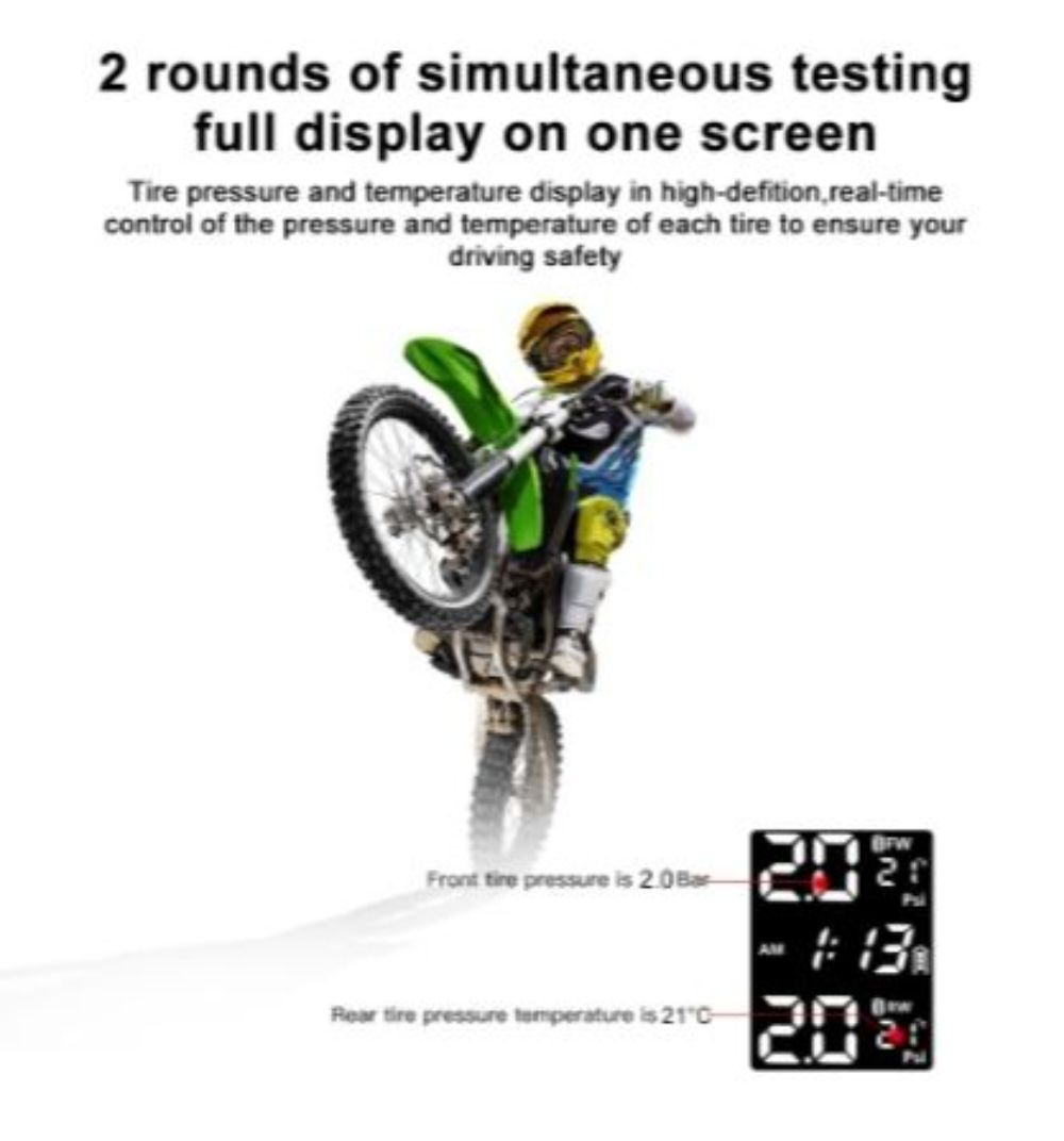 Motorcycle TPMS Security Alarm System Tire Temperature LCD Display With 2 External Sensors Motor Tire Pressure Monitor
