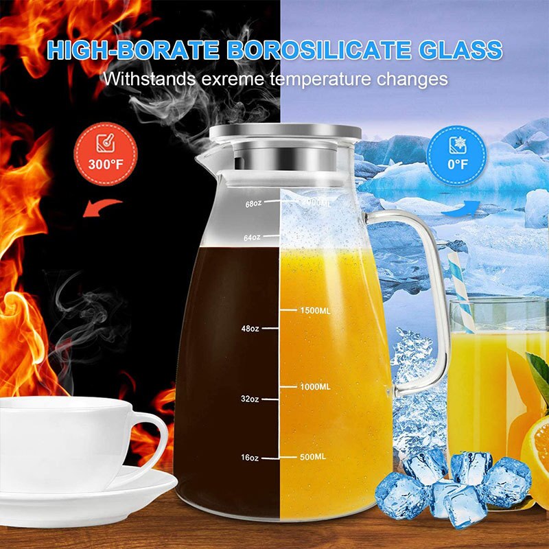 2L Large Capacity High Borosilicate Hydrochloric Acid Glass Jug Heat-resistant Glass Jug Juice Glass Jug Precision Scale With Stainless Steel Filter