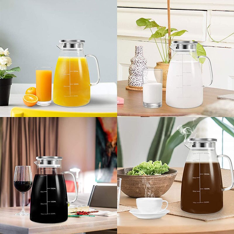 2L Large Capacity High Borosilicate Hydrochloric Acid Glass Jug Heat-resistant Glass Jug Juice Glass Jug Precision Scale With Stainless Steel Filter