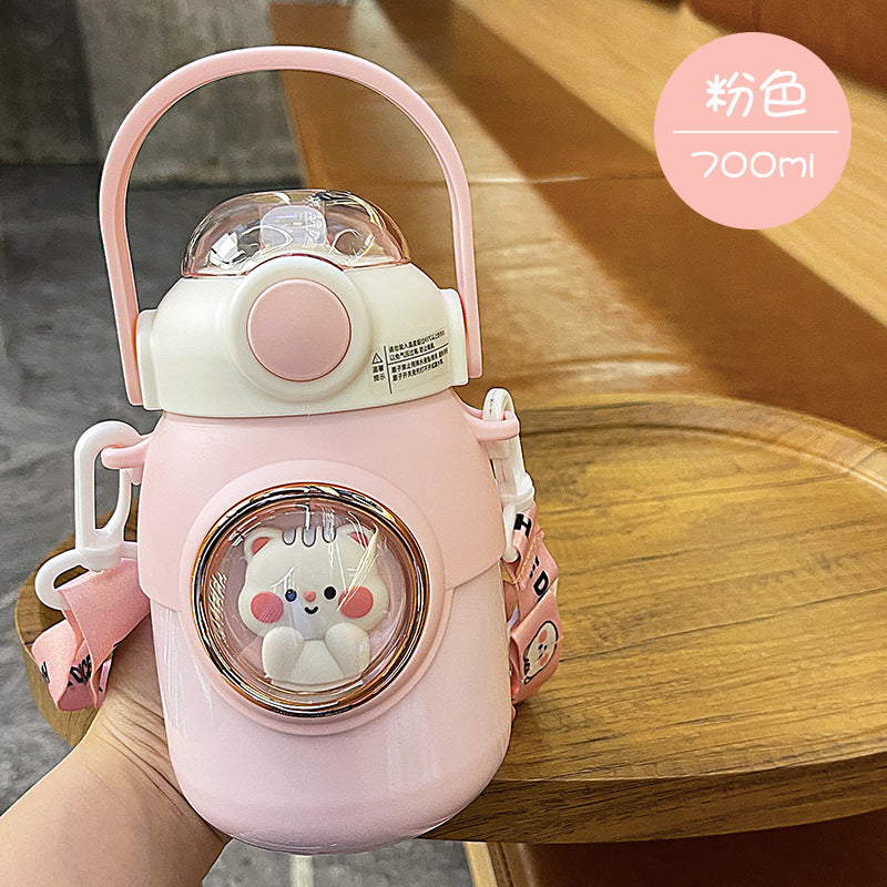 700ml Water Bottle With Children's Thermos Straw Cup Students Go To School A Large Belly Outdoor Manual Kettle Colorful