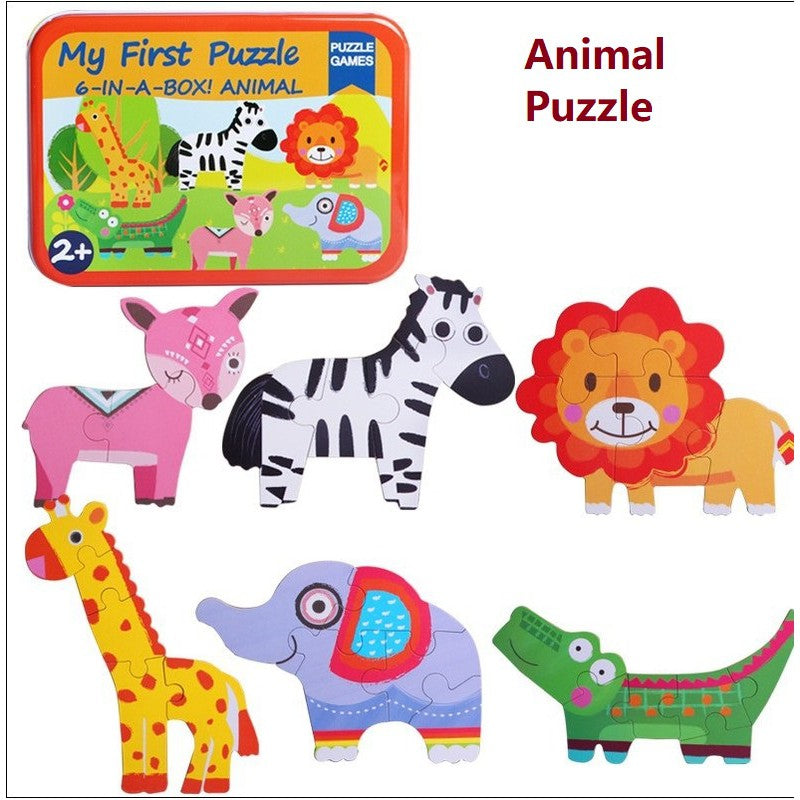 6-in-1 Jigsaw Cartoon Puzzle Games for Baby Toddler Early Education Tin Box Gift Educational Toy Cognitive Learning Anim