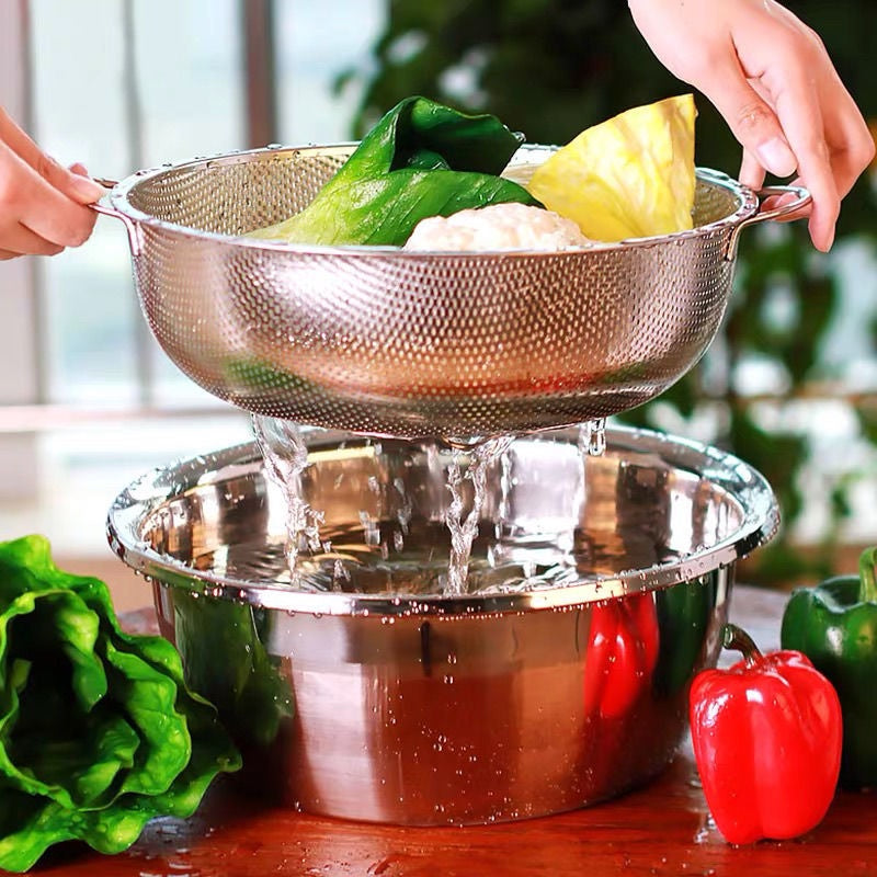 Kitchenware Stainless Steel Fine Mesh Strainer Colander Rice Vegetable Sieve 2 piece set (Pot + Drain)