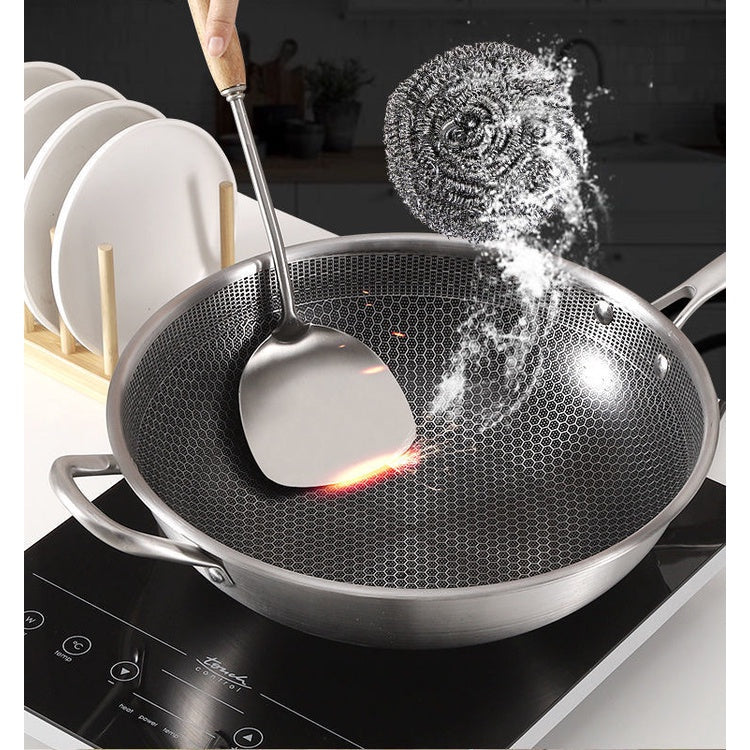 Copy of New Non-stick Pan Double-sided Honeycomb 304 Stainless Steel Wok Frying Pan Wok 34cm With Ears And Lid