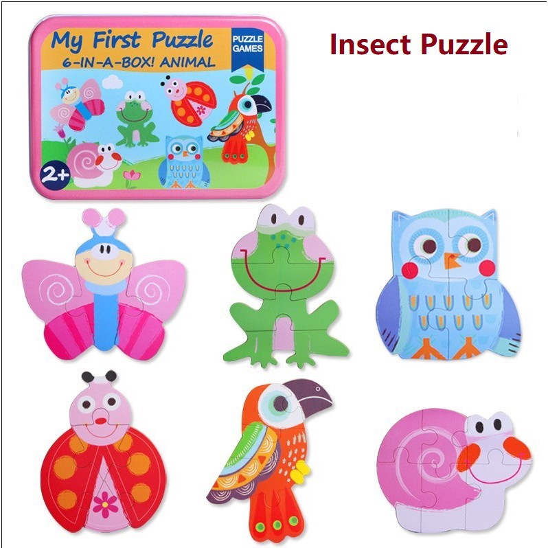 6-in-1 Jigsaw Cartoon Puzzle Games for Baby Toddler Early Education Tin Box Gift Educational Toy Cognitive Learning Anim