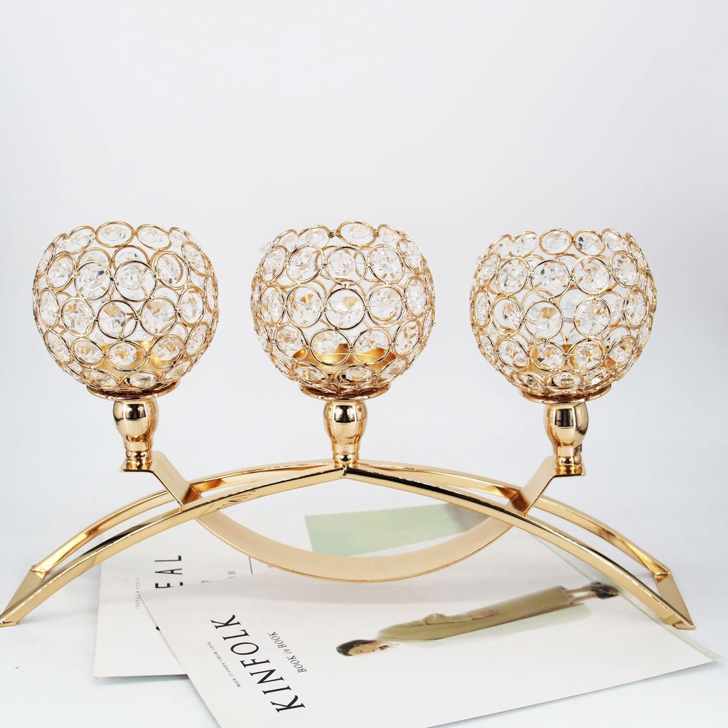 New Crystal Candle Holder 3 Arms Candelabra Wedding Table Ornament Golden Candlelight Stand Holder