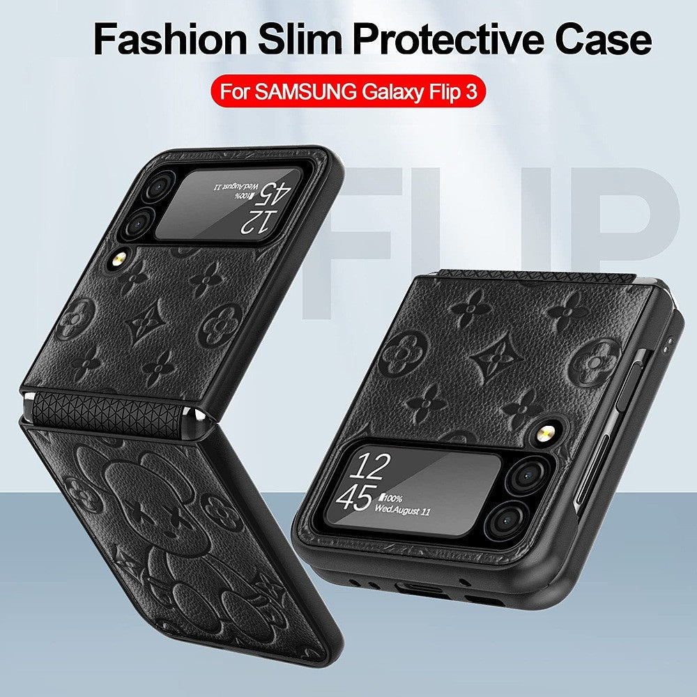 Pink Violent Bear Phone Case For Samsung Galaxy Z Flip 3, 4 Leather Case Camera Screen And TPU Hinge Shockproof Protection