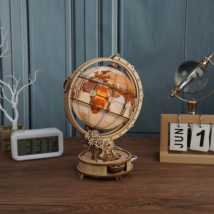 ROKR Robotime Wooden Globe 3D Puzzle DIY Wooden Model Building Block Kits Luminous Globe with LED Light Assembly Toy