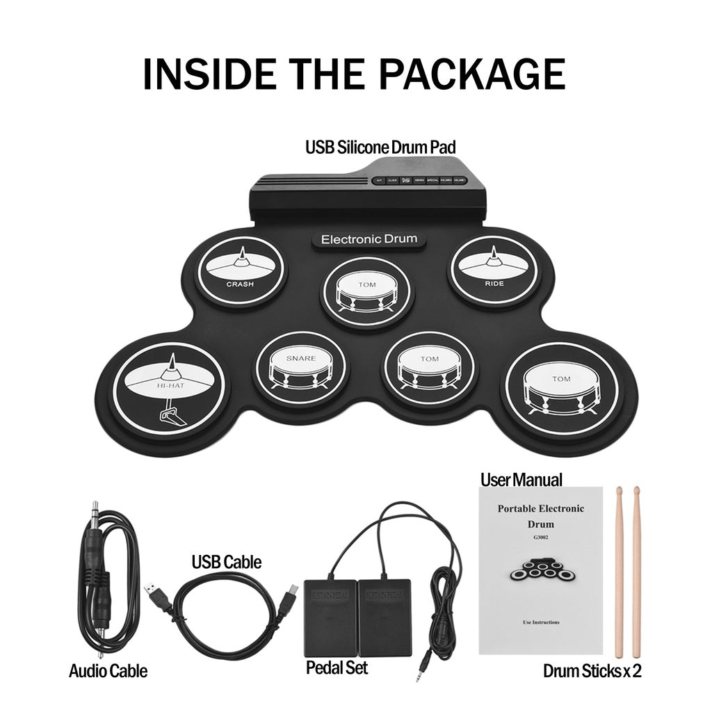 Compact Portable USB Roll-Up Silicone Drum Pad Set Digital Electronic Kit with Drumsticks and Sustain Pedal