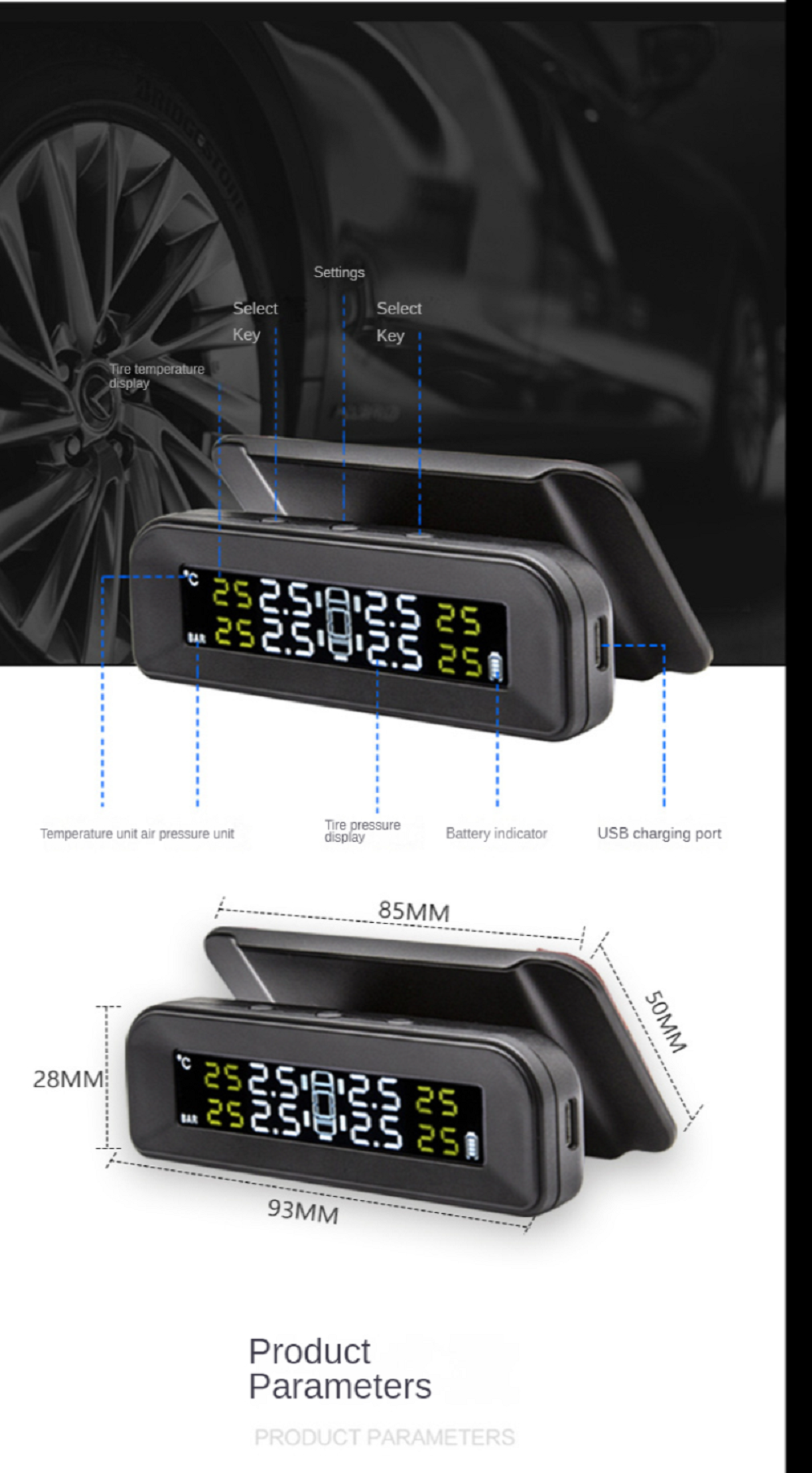 Wireless Solar Tire Pressure Monitoring System TPMS Car Tire Air Pressure Tester + 4 External Sensors