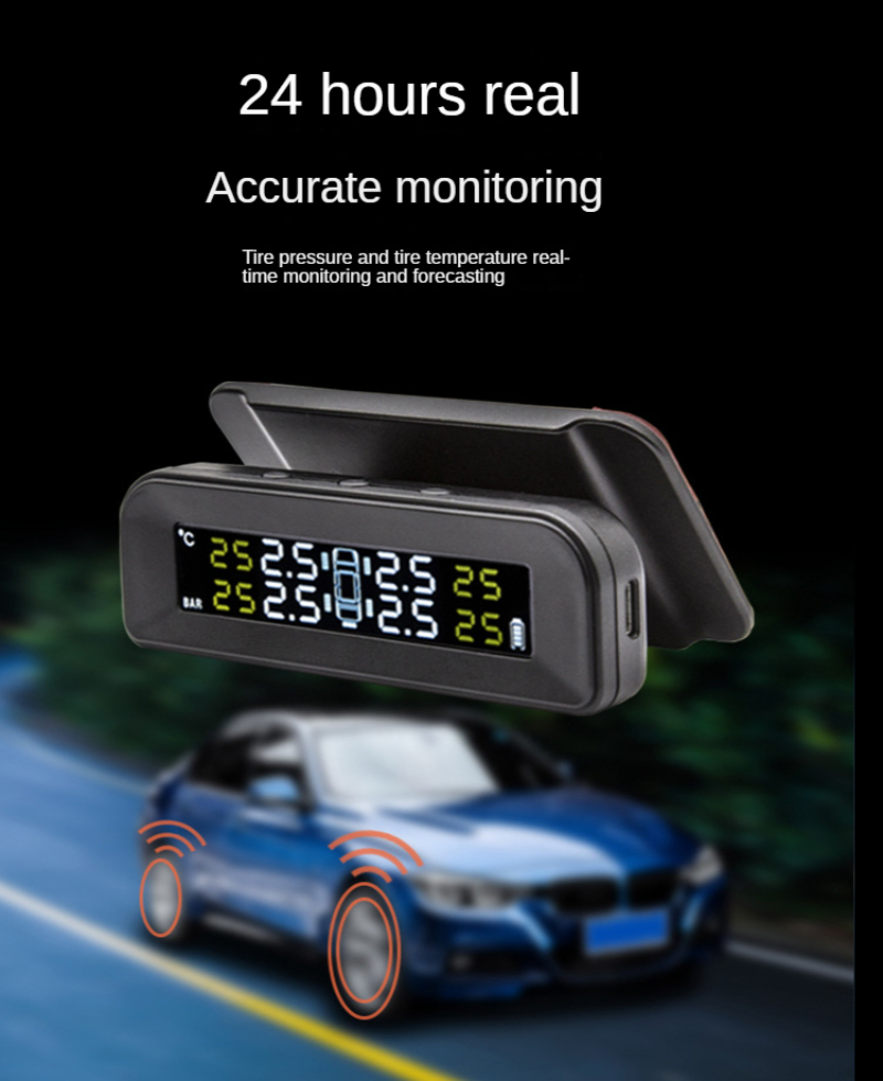 Wireless Solar Tire Pressure Monitoring System TPMS Car Tire Air Pressure Tester + 4 External Sensors