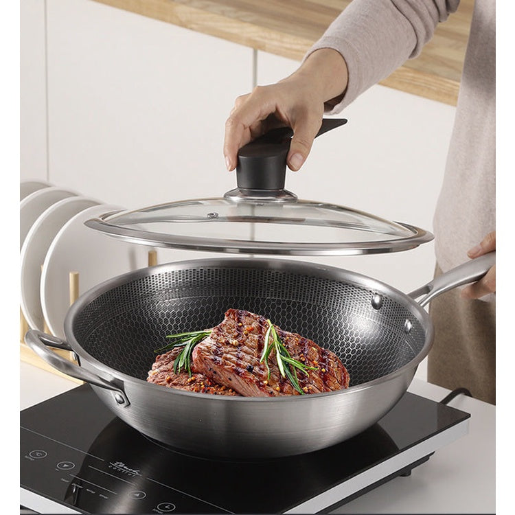 Copy of New Non-stick Pan Double-sided Honeycomb 304 Stainless Steel Wok Frying Pan Wok 34cm With Ears And Lid
