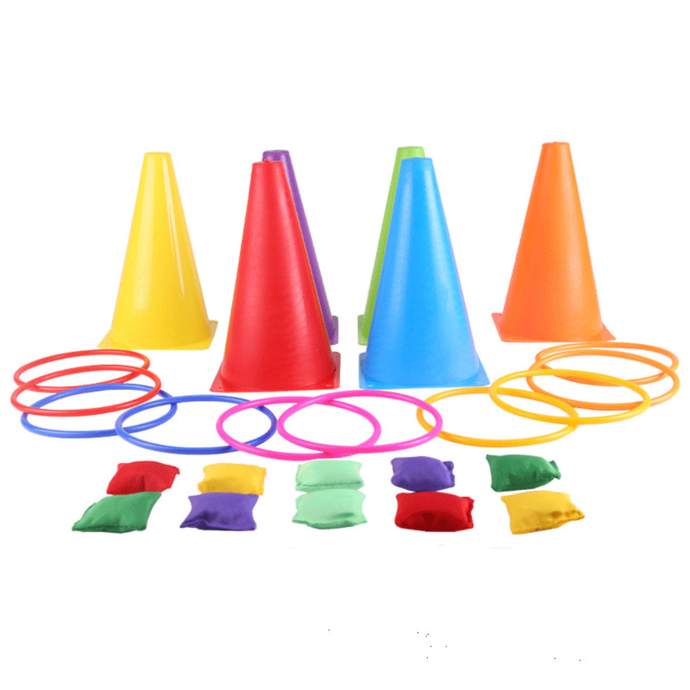 3 in 1 Carnival Outdoor Games Combo Set for Kids Soft Plastic Cones Bean Bags Ring Toss Game Gift for Birthday Party