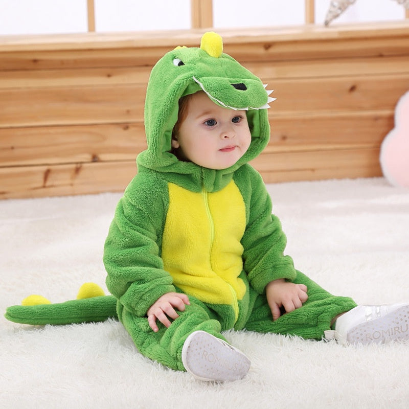 Cute Baby Romper One Piece Green Dinosaur Cartoon Animal Costume Boys Winter Clothes Flannel Soft Jumpsuit