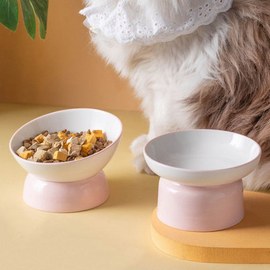Ceramic Pet Bowl Cat Dog High-Foot Protection Cervical Spine Rice Water Flat Oblique Supplies Hygienic Dining Experience