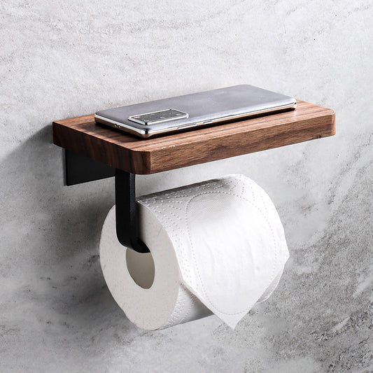 Toilet Paper Holder with Natural Walnut Shelf Tissue Roll Hanger Wall Mounted Paper Towel Bar Modern Big Storage Sturdy