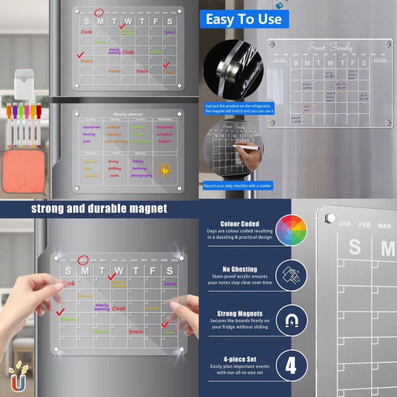 Acrylic Magnetic Calendar Set with 4 Markers Pen Holder Reusable Dry Erase Clear Acrylic Fridge Board Calendar