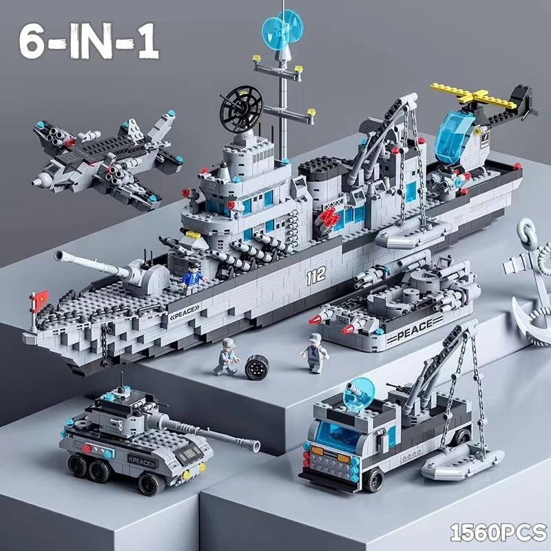 Large Aircraft Carrier Warship Model 6-in-1 Set – Educational Building Blocks Military Toy for Children