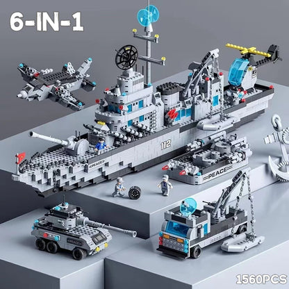 Large Aircraft Carrier Warship Model 6-in-1 Set – Educational Building Blocks Military Toy for Children