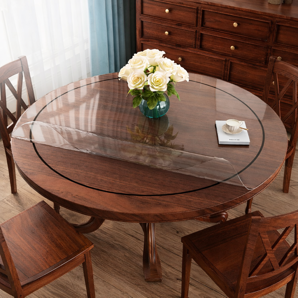 Transparent Round Table Cover PVC Waterproof Table Protector Clear Plastic Round Table Mat Anti-Slip Heat Resistant Desk Cover for Dining Table