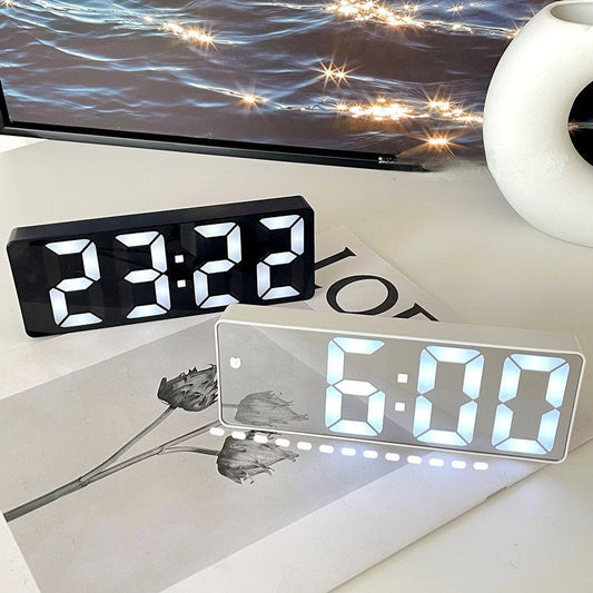 Japanese simple black and white mirror LED digital clock sound control alarm clock dormitory bedside desktop screen digital clock temperature calendar electronic luminous bedside